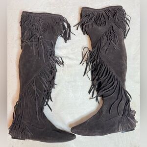 Fringe Knee-High Boots - Brown Suede